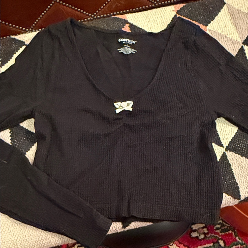 Black Long Sleeve Top with Bow Accent